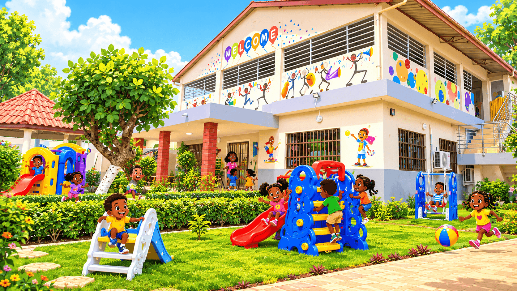 Happy children in the nursery playground